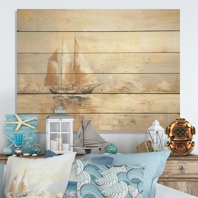 Bateau à voile sur la mer - Art sur bois de pin naturel
