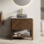 Meuble-lavabo de salle de bain 30 po, meuble de rangement autoportant en contreplaqué avec 2 portes diagonales rayées et tablette ouverte, lavabo en verre noir et plateau en pierre frittée blanc de Carrare
