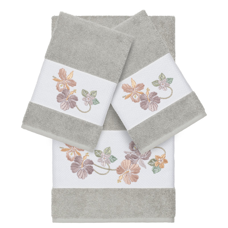 Caroline Embellished 3 Piece Towel Set, Light Gray