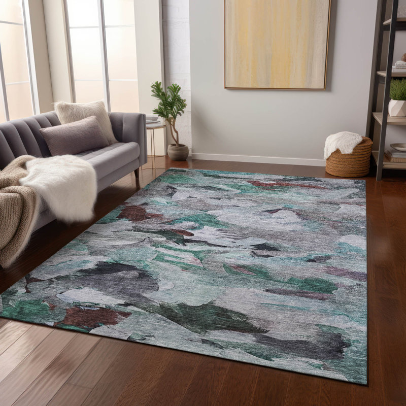 Teal 5' x 7' Washable Synthetic Rectangular Area Rug