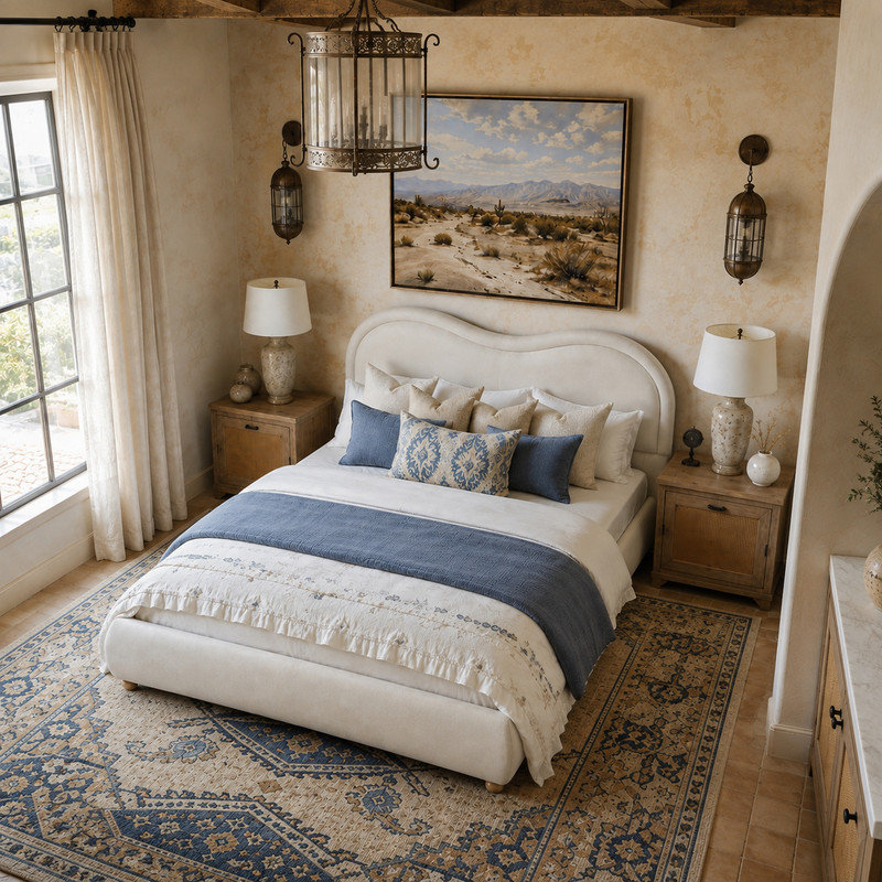 Lit plateforme tapissier avec tête de lit incurvée, Beige, Grand