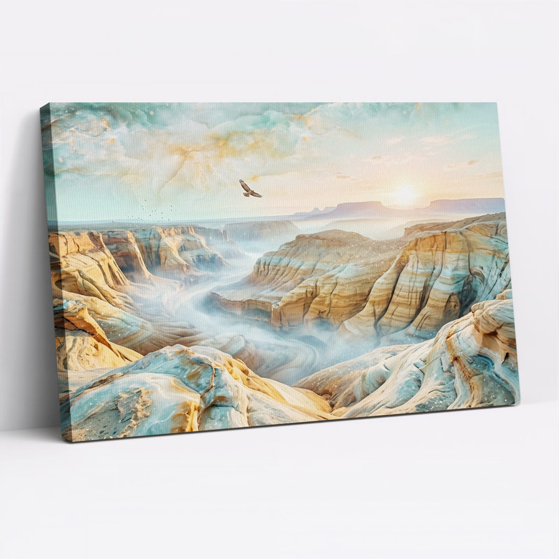 Paysage de canyon turquoise et orange avec oiseau, tableau sur toile, 24"H x 36"W