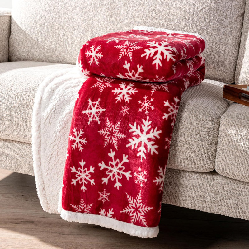 Red Snowflake Christmas Sherpa Fleece Throw Blanket 50 x 60 Inch, Reversible Plush Microfiber Holiday Throw