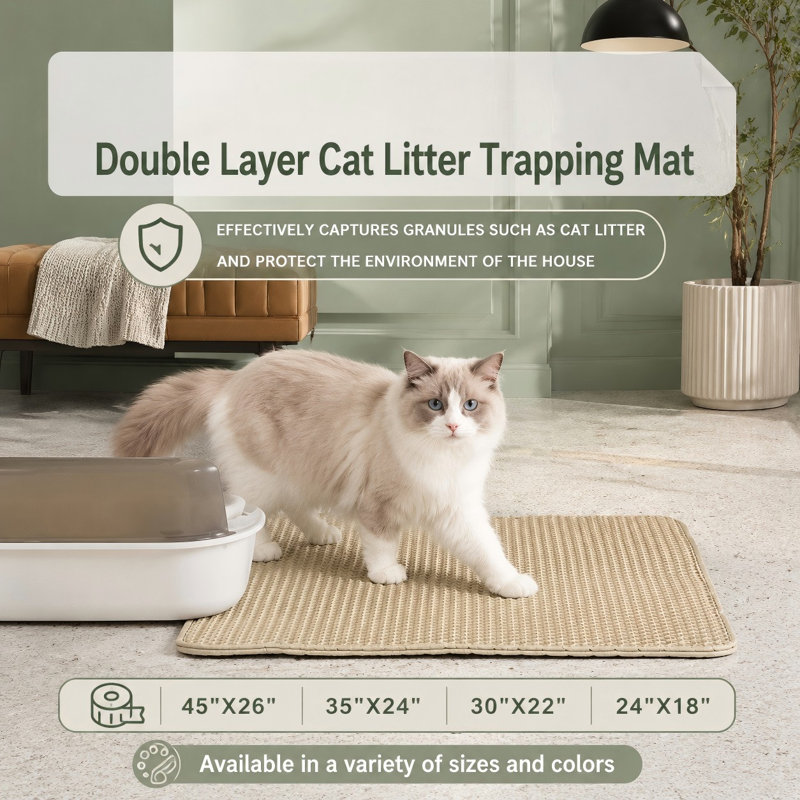 Beige 45 x 26 in double-layer honeycomb litter trapping mat made from safe materials, with a paw-soft surface and waterproof, urine-proof, non-slip construction that protects floors, reduces waste, and cleans easily.