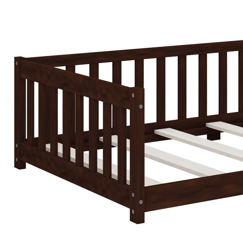 Low-To-The-Ground Twin-Size Floor Bed With Fence No Door Included, Espresso
