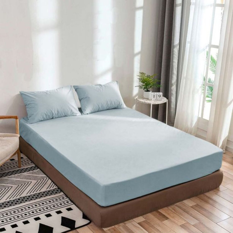 400TC Sateen Solid Cotton Fitted Sheet Fits Upto 20" Deep Pocket, Full Fitted Sheet, Light Blue