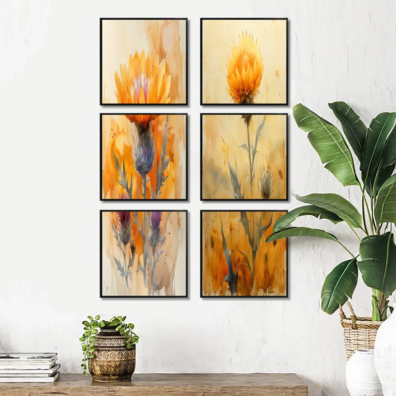 «Morning Summer Yellow Thistle», ensemble de 6 impressions sur toile Thistle, Impression encadrée sans passe-partout, Noir