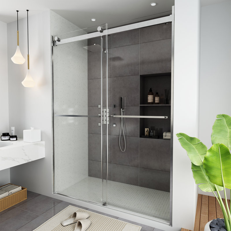 Porte de douche coulissante double sans cadre l 60 po x H 76 po, Nickel brossé