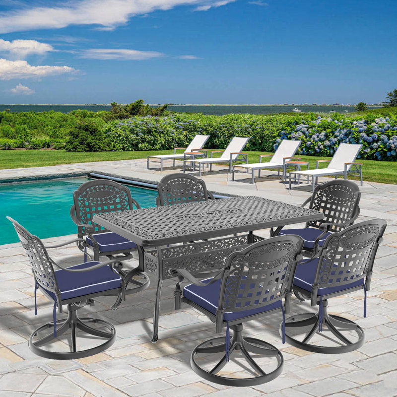 7 repas en plein air: fonte d'aluminium, 6 chaises pivotantes et table rectangulaire, cadre noir, sièges confortables, capacité de siège de 350 lb, trou de parasol de table de 160 lb et résistance aux intempéries,