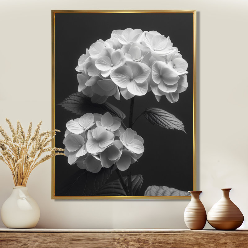 Monochrome Hydrangea Botanical Beauty I - Hydrangea Wall Decor, Gold Floater Framed, 34" H x 44" W