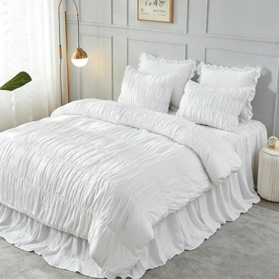 King Size Comforter Set White, Ruched King Bed Fluffy 3 Piece Ruffle Comforter Set with Pillow, Soft Luxury Boho Shabby Chic
