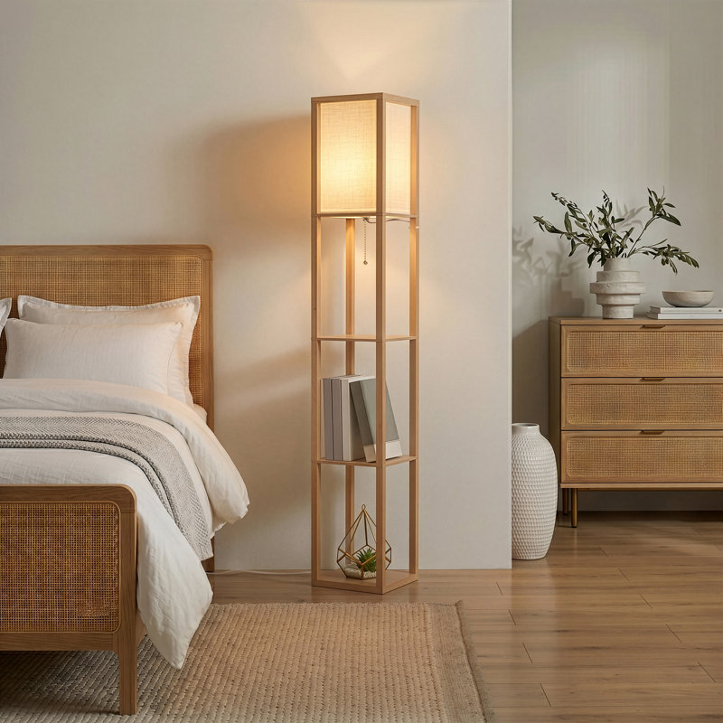 Maxwell 63" Modern LED Shelf Floor Lamp with Warm Brown Finish, 3 Tiers, and Fabric Square Shade, Bulb Included, Beige, Beige