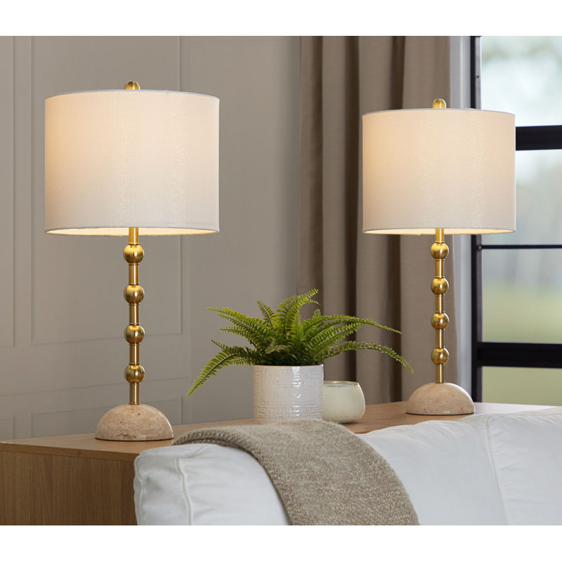 Ensemble de 2 lampes de table 27 "Glam Contemporary, base en travertin avec métal doré et abat-jour chatoyant blanc cassé