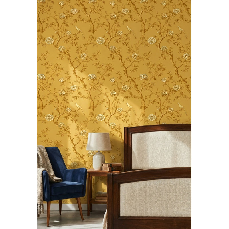 Papier peint floral, décoration murale oiseau jaune amovible