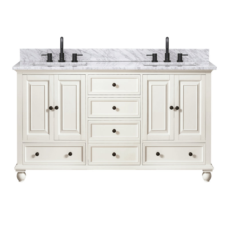 Thompson 61" Double Modern Bathroom Vanity Set, French White, Cala White, 60"