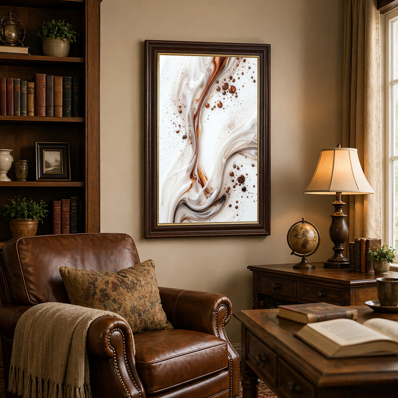Art abstrait sur toile abstraite, tourbillons en bronze et fluide blanc, 18"H x 12"W