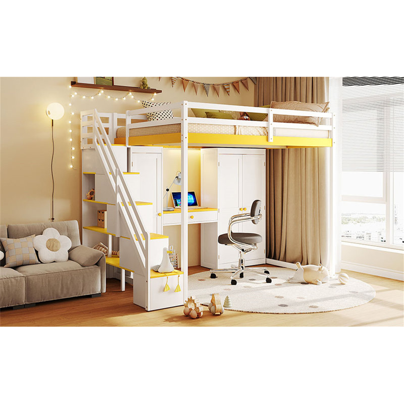 Lit mezzanine double avec escalier de rangement, Blanc / jaune