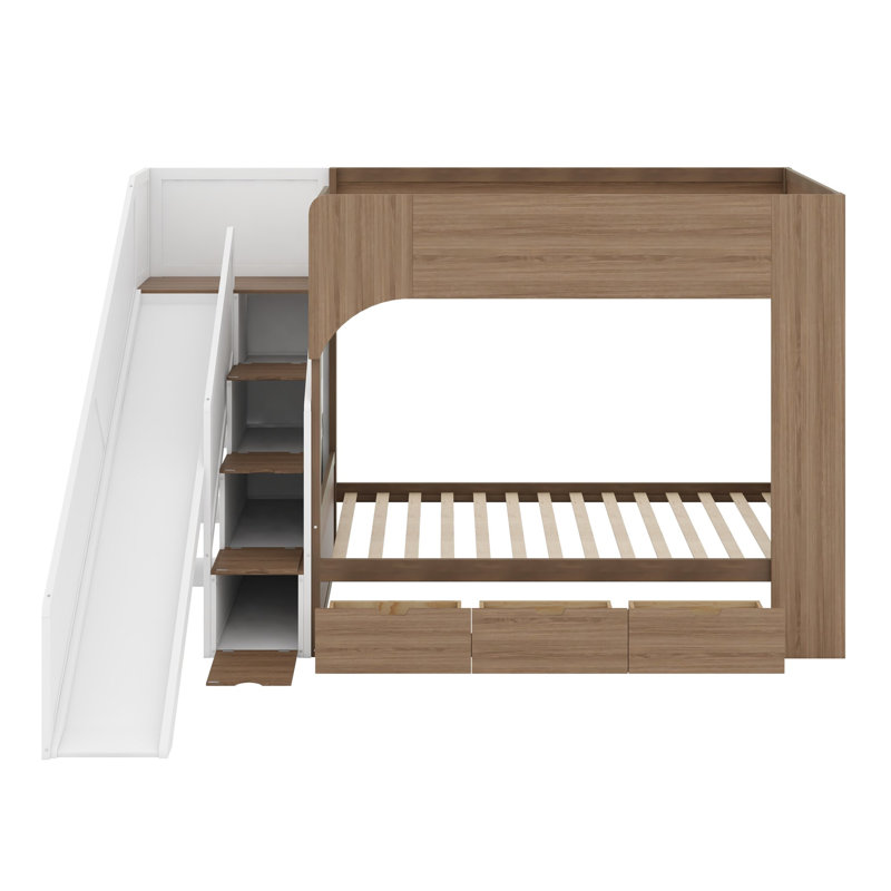 Lit superposé avec glissade et escalier de rangement intégré, tablettes et tiroirs pour les chambres d'enfants ludiques, Twin