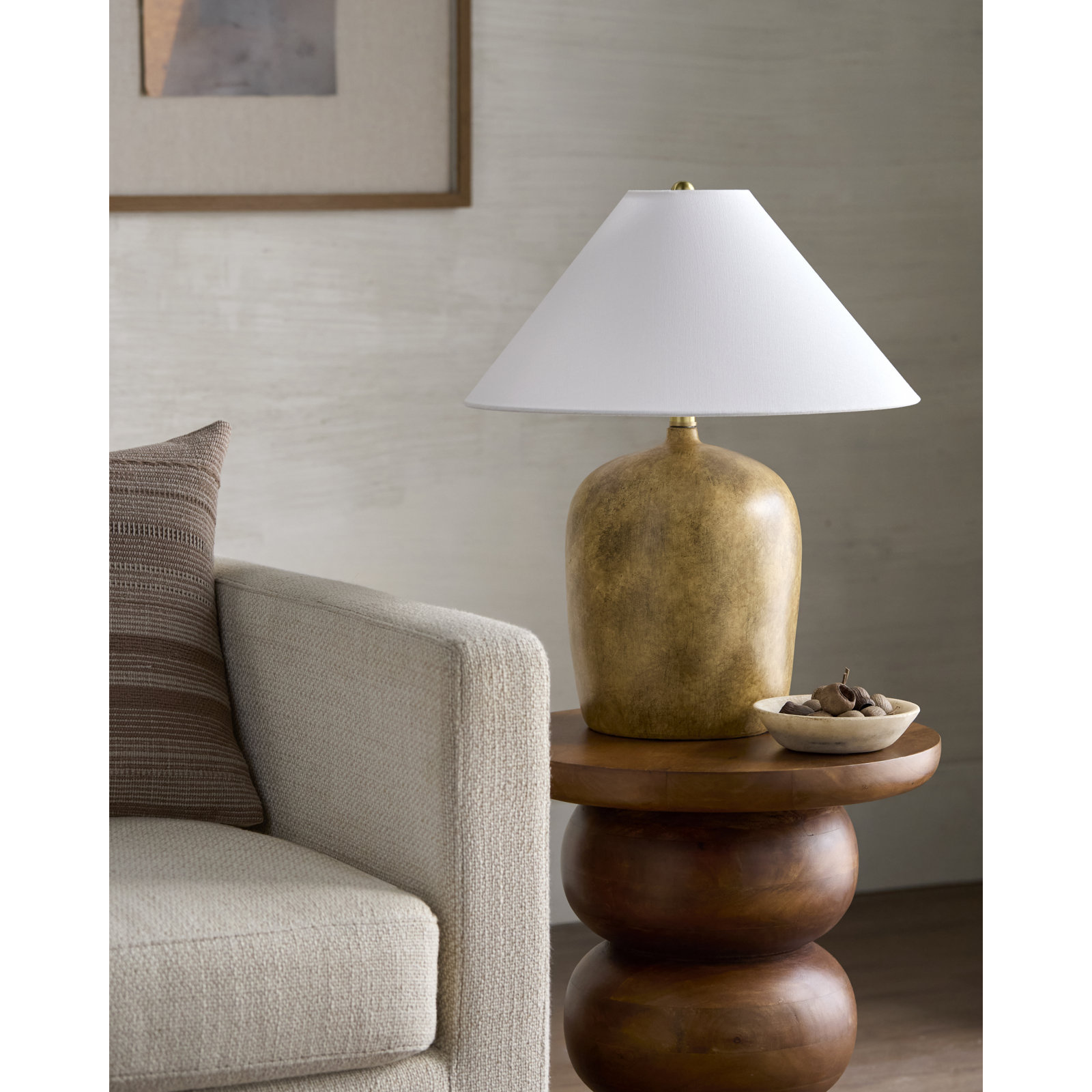 Danica Ceramic Table Lamp, Distressed Brown, White Linen Empire