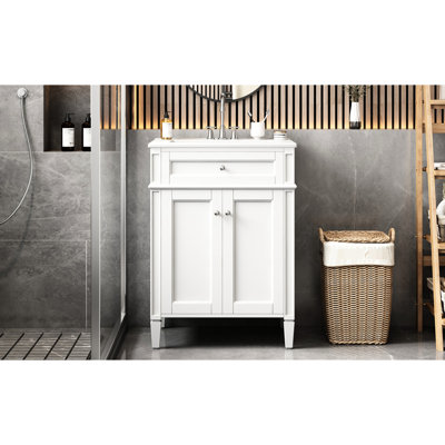 24" Bathroom Vanity With Sink, Smart Drawer, Soft-Close Hinges, And Elegant Look For Small Upgrades 24 Inches Vanity, Two Doors, Tip-Out Glossy Ceramic, Support Bathrooms