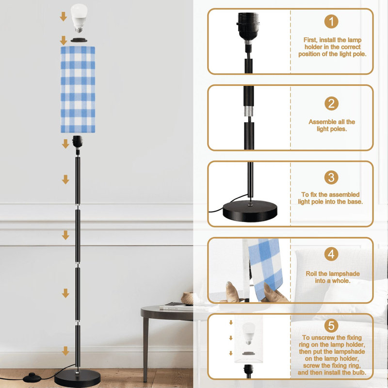 Lampe sur pied en tissu à carreaux vichy bleu blanc classique à carreaux avec gradateur moderne à télécommande avec abat-jour à pédale, abat-jour haut, lampe de coin pour salon, bureau de chambre à coucher