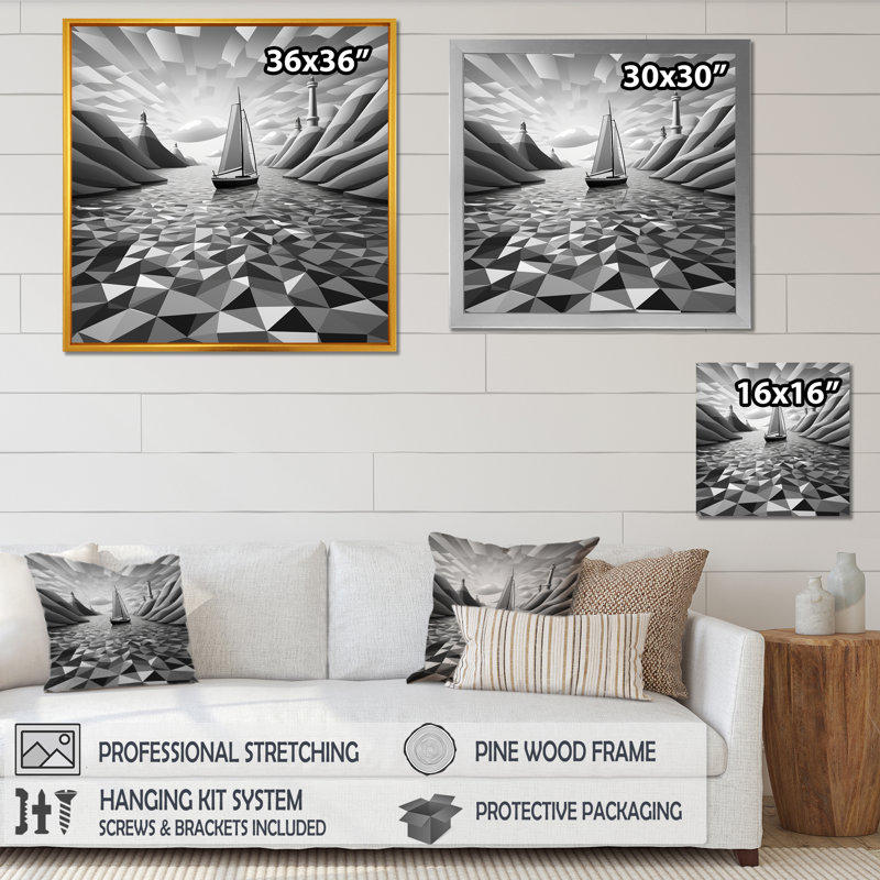 Motif géométrique de bateau solitaire - Bateau côtier, art mural, Cadre simple argenté, H 36 po x l 36 po x P 1,5 po