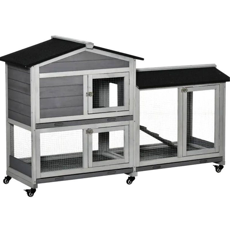 Maison pour animaux 62 "en bois avec roues, boîte de course, plateau sans fuite - lapin, gris et élément mobile