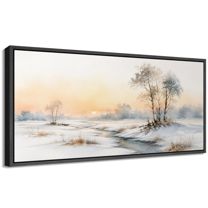 «Minimalist Winter Snowy Field River Landscape Wall Decor», impression sur toile encadrée pour chambre principale, Noir