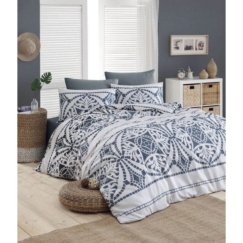 Alexandra Reinforced Cotton 120 TC Duvet Cover Set, Grey/White, 155 x 220 cm - 1 Pillowcase (80 x 80 cm)
