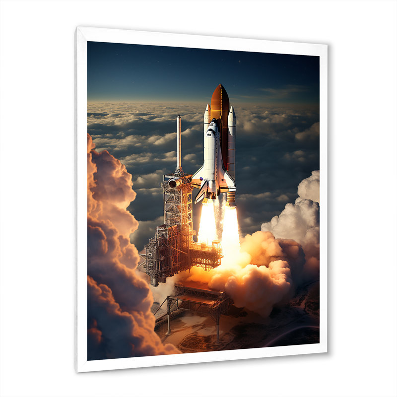 " Space Shuttle Launch III ", 20" H x 12" W x 1" D, White Picture Framed