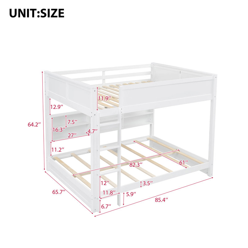 Queen over Queen Bunk Bed with Storage Cabinets and USB Ports, White, White