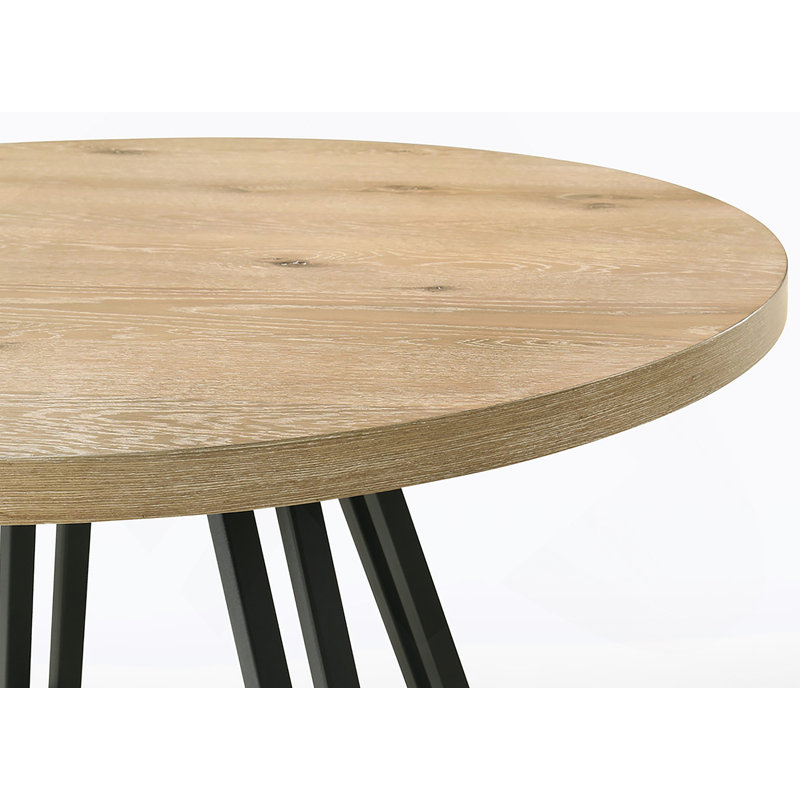 Ensemble de table de salle à manger ronde avec chaises rembourrées, finition chêne et charge USB intégrée pour les maisons modernes.