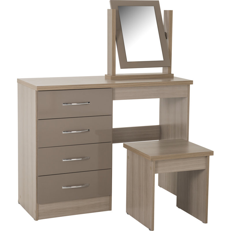 Cascio Dressing Table Set with Mirror, Oyster Gloss/Light Oak Effect Veneer