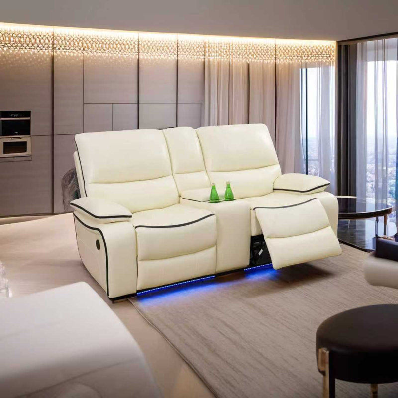 Cream White Leather Living Room Intelligent Recliner Loveseat Sofa