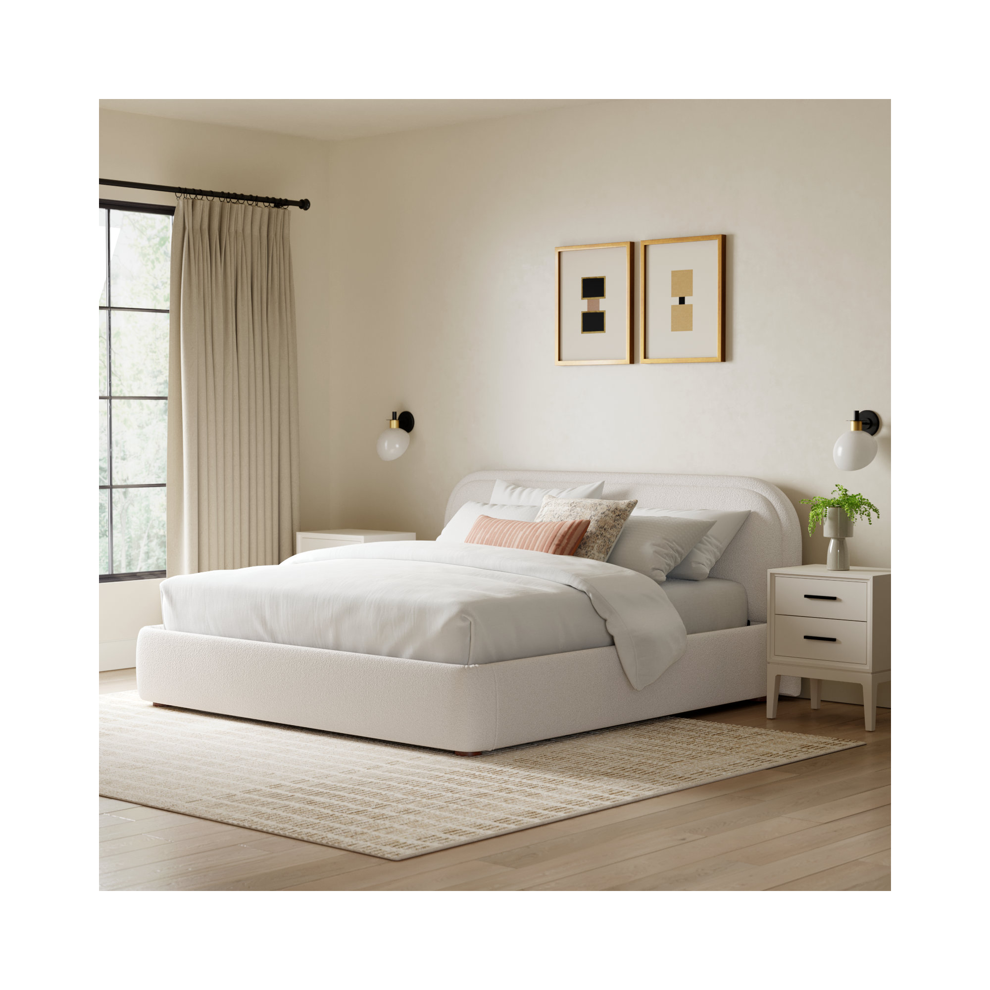 Shonda Upholstered Low Profile Platform Bed, King, Oatmeal