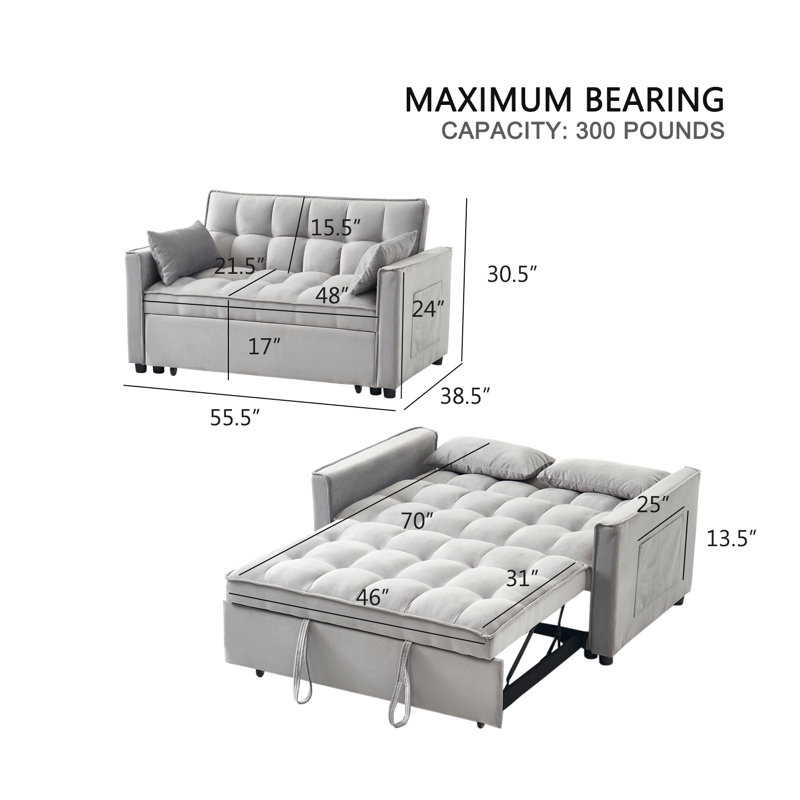 Canapé-lit moderne convertible 3-en-1 en velours - Canapé-lit double avec poches latérales, adapté aux petits appartements / salons (gris)