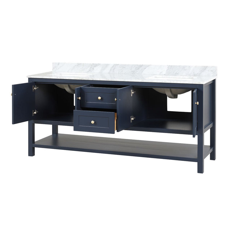 71.25;71.25'' Double Bathroom Vanity with Marble Top, Navy
