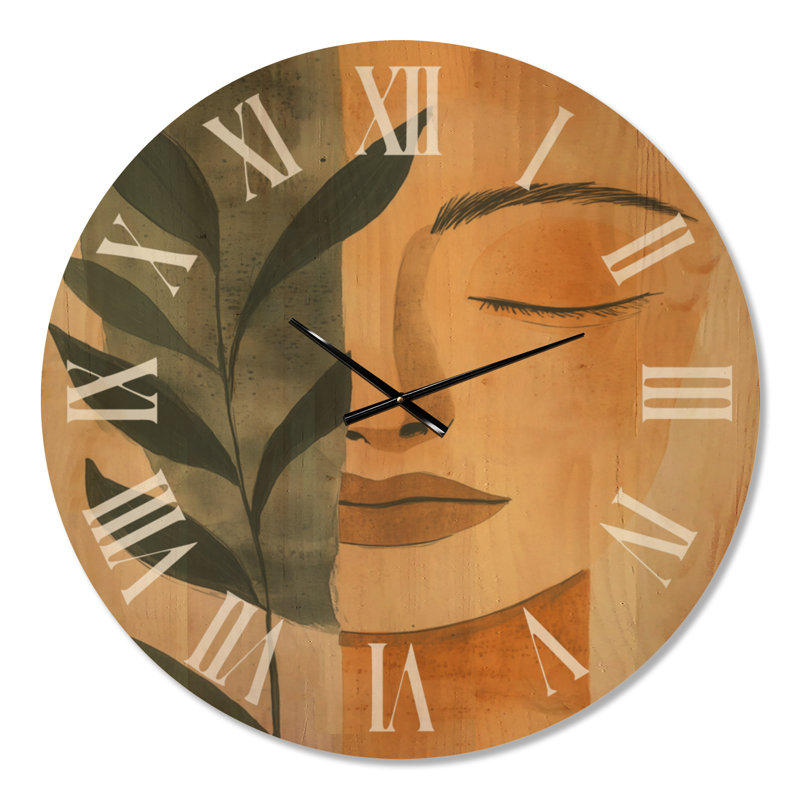 Horloge murale surdimensionnée beige bohème « Visage serein et feuilles II », imprimée sur bois, Très grand