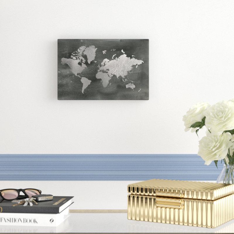 Large Silver World Map On Black Wash by Jennifer Goldberger - Painting, 61cm H x 91cm W, Wrapped Canvas