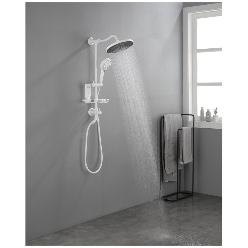 Système de pomme de douche à effet pluie 10 pouces avec douche à main à 4 fonctions, barre coulissante réglable et porte-savon ShowerSpas - Luminaire de douche mural en laiton blanc