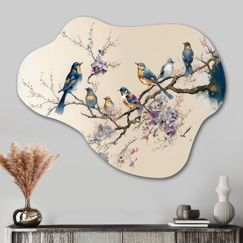 Multicolore oiseaux sur prunier en fleurs, arbre 11, H 27 po x l 35 po