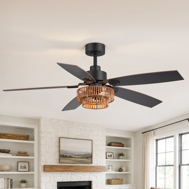 Ventilateur de plafond 52 po avec lumière et télécommande, moteur CC réversible à 6 vitesses, ventilateur de plafond à 5 pales pour salon, grain de bois / noir