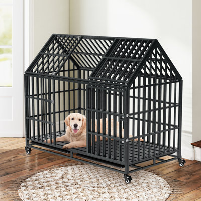 Cage pour chien de 52 pouces avec un segment de toit attrayant, une fabrication en fer de qualité, un grand espace pour le chien, un plateau de plancher portatif et propre, un toit à dégagement rapide pour animaux de compagnie