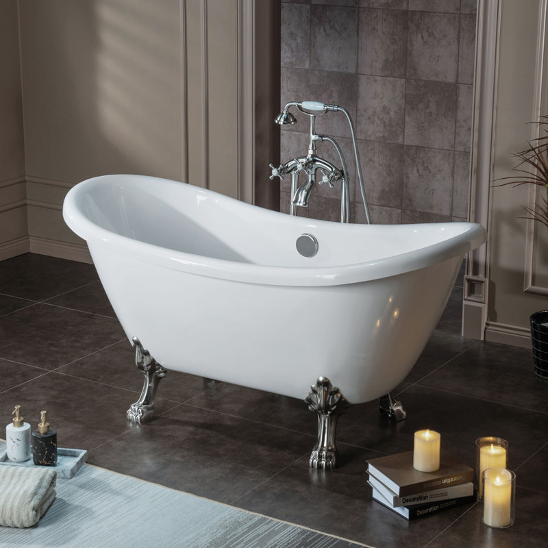 59" x 28" Clawfoot Soaking Acrylic Bathtub, White, Brushed Nickel