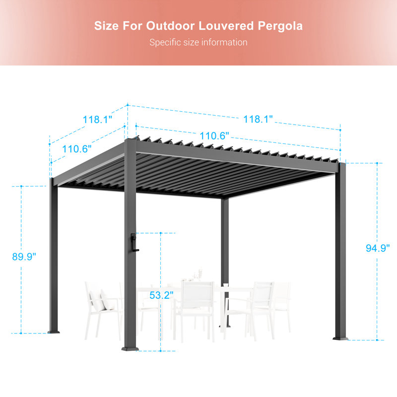 Pergola d'extérieur réglable en métal avec persiennes, 10 pi. x 10 pi	