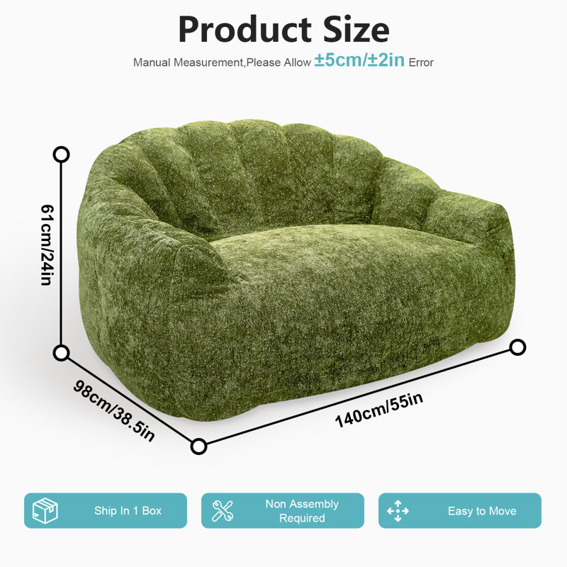 Pouf géant, canapé, 140 x 98 x 61 cm, tissu en peluche, salon moderne, Vert