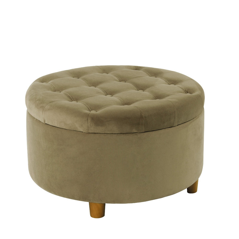 Repose-pieds avec rangement Jo, dessus relevable capitonné rond de 28 pouces, velours vert sauge
