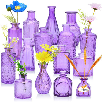 Ensemble de 15 vases à fleurs en verre rétro mauve
