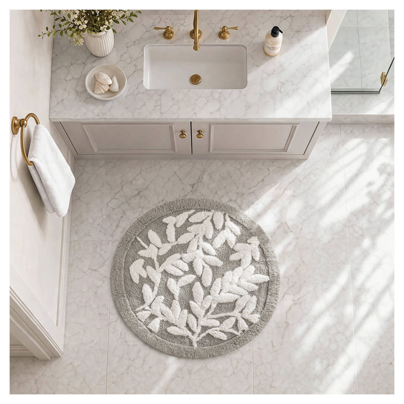 Tapis de bain rond en coton gris tufté à motifs floraux, 63,5 cm (25 po), certifié OEKO-TEX®, antidérapant.