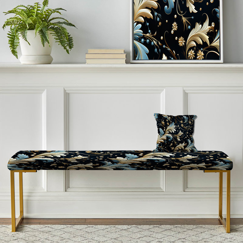 Gold And Green Luxury Damask Pattern II - Ikat Upholstered Gold Bench, Blue/Gold